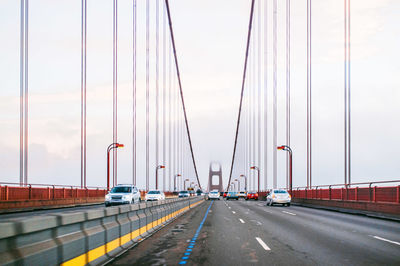 Suspension bridge against sky in city