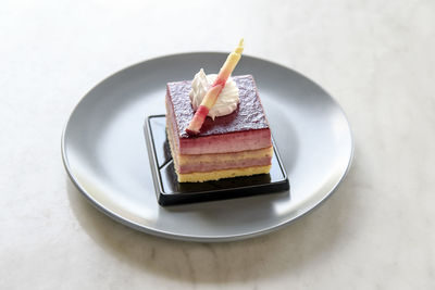 High angle view of dessert in plate on table