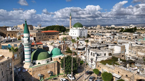 High angle view of buildings in city