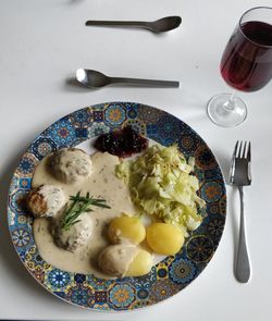 High angle view of breakfast served on table