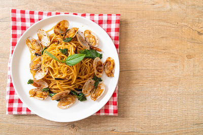 High angle view of food in plate on table