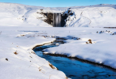 Scenic view of snowcapped mountains during winter