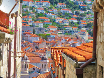 High angle view of buildings in city