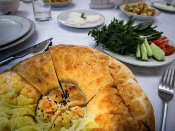 High angle view of food served on table