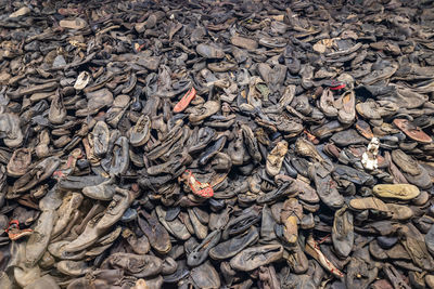 Prisoners shoes in the auschwitz - birkenau concentration camp. oswiecim, poland, 17 july 2022