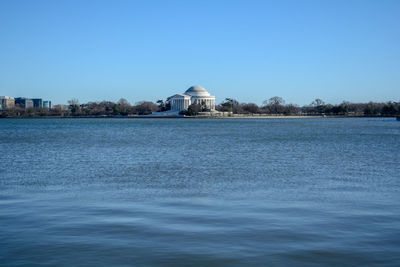 Scenic view of sea against clear blue sky