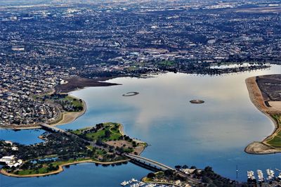 Aerial view of mission bay and buildings in city