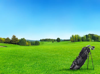 Scenic view of field against clear blue sky