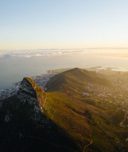 High angle view of land against sky during sunset