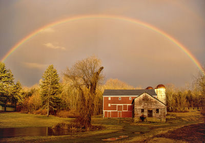 Scenic view of rainbow over buildings against sky