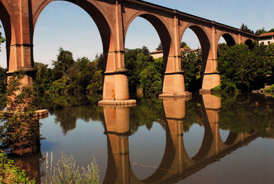 Arch bridge over river against sky