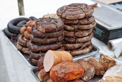 High angle view of meat for sale on table