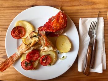 High angle view of breakfast served on table