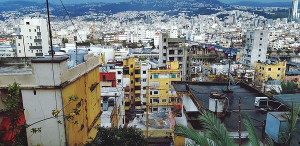 High angle view of buildings in city