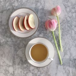 High angle view of tea served on table