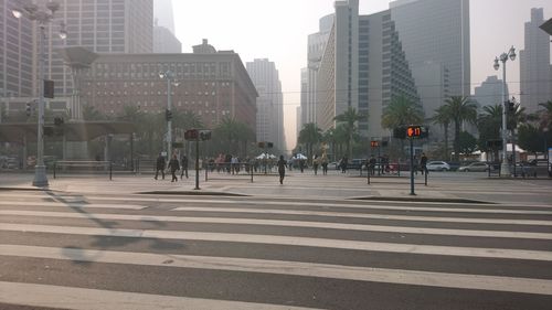 View of city street and modern buildings