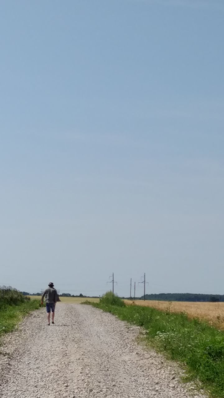 REAR VIEW OF PERSON WALKING ON ROAD