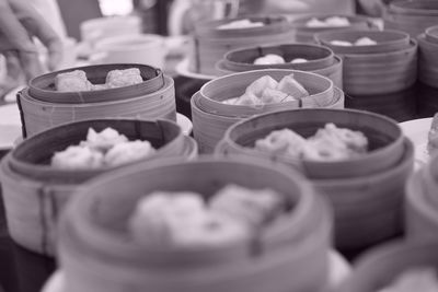 View of dumplings in bamboo containers