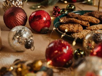 Close-up of christmas decorations on table