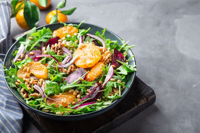 High angle view of salad in bowl on table