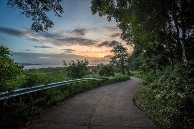 Road amidst trees against sky during sunset