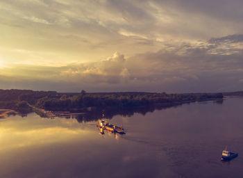 High angle view of lake against sky during sunset