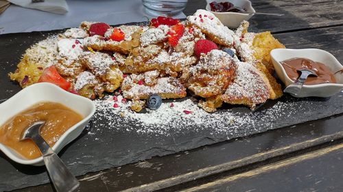 High angle view of dessert in plate on table