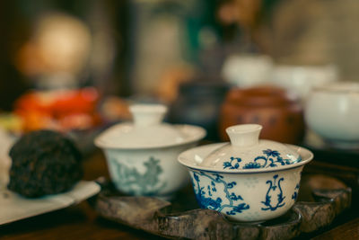 Close-up of a porcelain gaiwan in a tea house near chen clan ancestral hall
