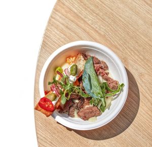 High angle view of salad in bowl on table