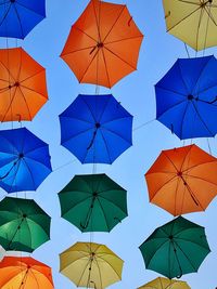 Low angle view of umbrellas against clear blue sky