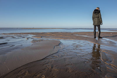 Rear view of woman standing on shore at beach against clear sky