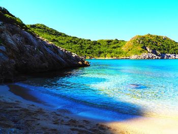 Scenic view of bay against clear blue sky