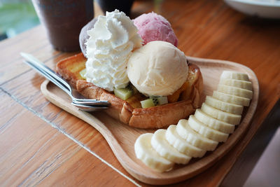 Close-up of ice cream in plate on table