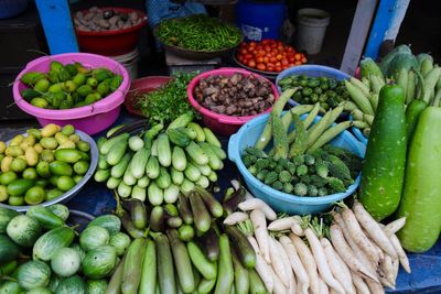 High angle view of vegetables at market stall