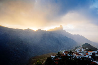 High angle view of townscape against sky during sunset