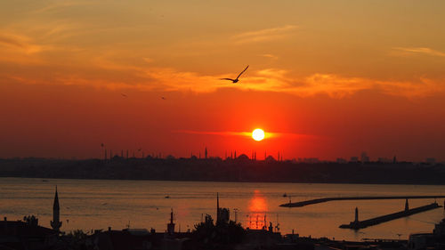 Silhouette birds flying over lake against orange sky