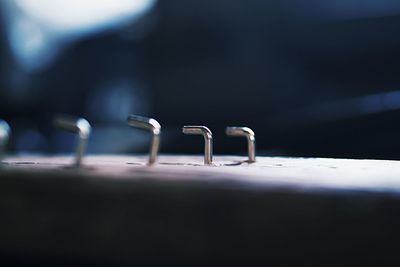 Close-up of work tools in row