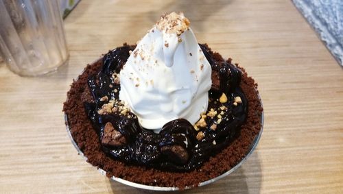 High angle view of ice cream in plate on table