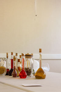 Close-up of bottles on table against wall