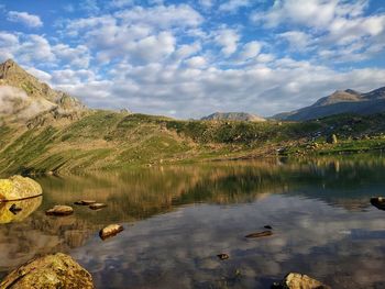 Scenic view of lake and mountains against sky