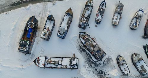 High angle view of boats on snow