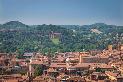 Aerial cityscape bologna italy with scenic view from asinelli tower to santa maria della vita church