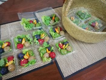 High angle view of chopped vegetables in container