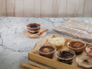 High angle view of breakfast on table