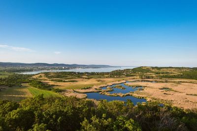 Scenic view of landscape against clear blue sky