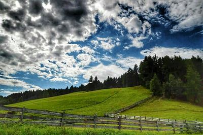 Scenic view of grassy field against cloudy sky