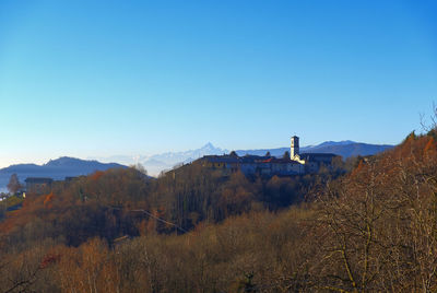 Scenic view of mountains against clear blue sky