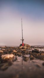 Surface level shot of fishing rod at beach against sky during sunset