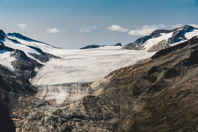 Scenic view of snow covered mountains against sky