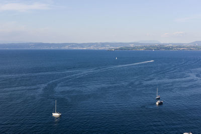 High angle view of sailboat on sea against sky